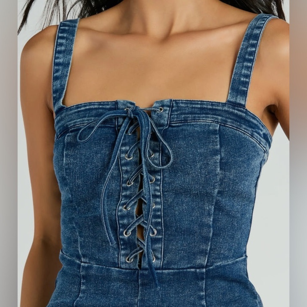 Windsor Denim Lace-Up Romper Size M Blue Corset Style Bodycon Festival Western - Picture 4 of 11